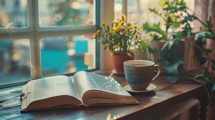 Book and coffee on desk by window