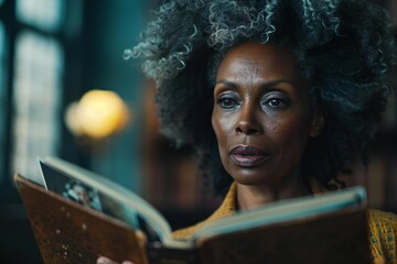 Woman peering into photo album in close-up shot inside