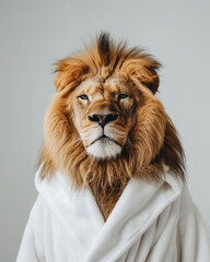  Portrait of lion in white bathrobe isolated on grey background. safari art