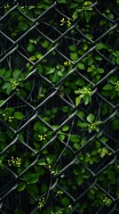 Fototapeta premium Black netting with green shoots of plants growing through it. Small yellow flowers. Natural green back.