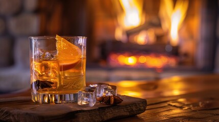 Luxury alcoholic drink in a wide glass on wooden surface with ice near a fireplace