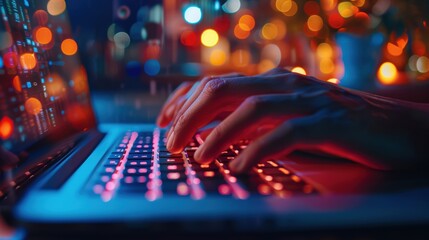 Software developer working late on laptop with city lights background