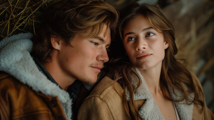 Fototapeta premium A telephoto angle photo of the couple lying close together in the hayloft, the guy whispering something to the girl while they both look up, with copy space