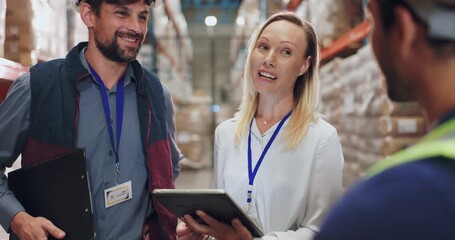 Woman, conversation and warehouse logistics with tablet, training and people for online export business. Supply chain, inventory management and shipping depot, planning and cargo contractor