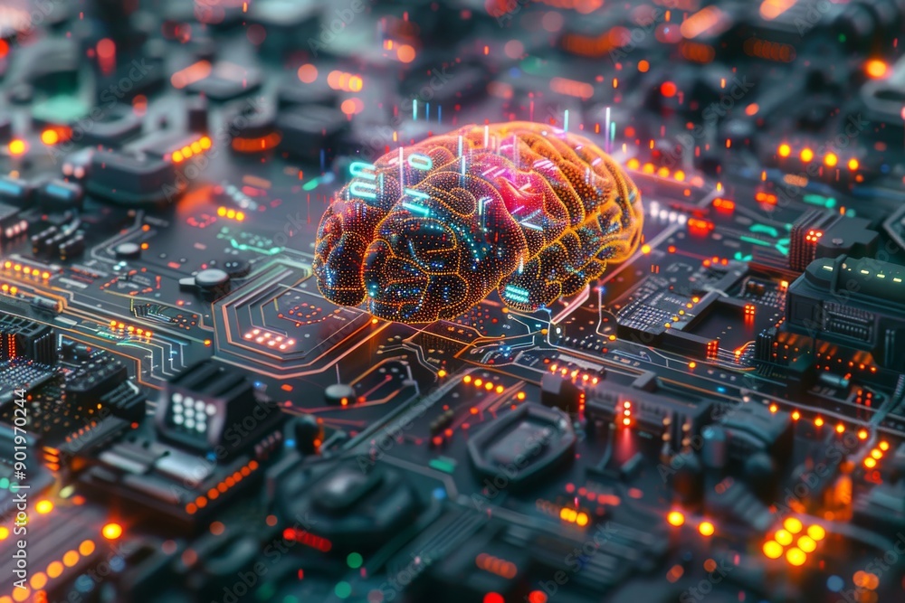 Poster digital brain with glowing circuitry on a circuit board representing advanced technology and connect