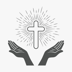 Black and White Open Hands with Cross and Divine Light, Symbol of Faith and Prayer. Design Template for Church Logo. Prayer, Religion Concept Monochrome Cut Out Silhouette Icon. Vector Illustration