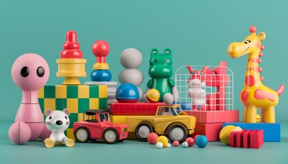 Obraz premium A collection classic toddler toys three vibrant colors, meticulously isolated on a transparent PNG