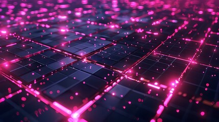 Neon grid with pulsating digital particles 