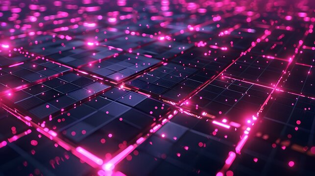 Neon grid with pulsating digital particles 
