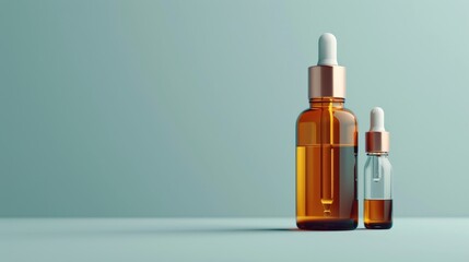 Two amber glass dropper bottles standing on a pastel blue surface with copy space
