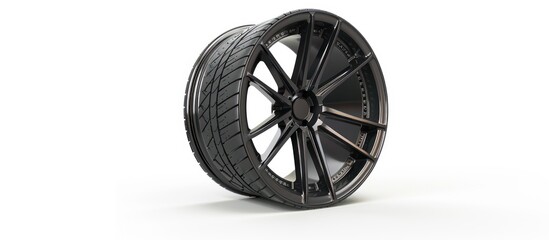 Fototapeta premium Modern wheel rim, racing wheel and tire side view isolated on white background.