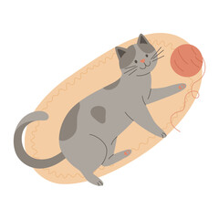 Vector Flat Playing Gray Tabby Cat with a Ball of Thread. Cartoon Cat. Cute and Funny Cat in Side View
