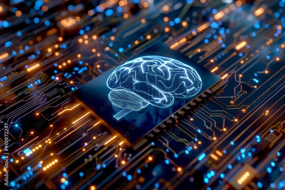 Poster blue glowing brain on a microchip symbolizing advanced technology and neural connectivity