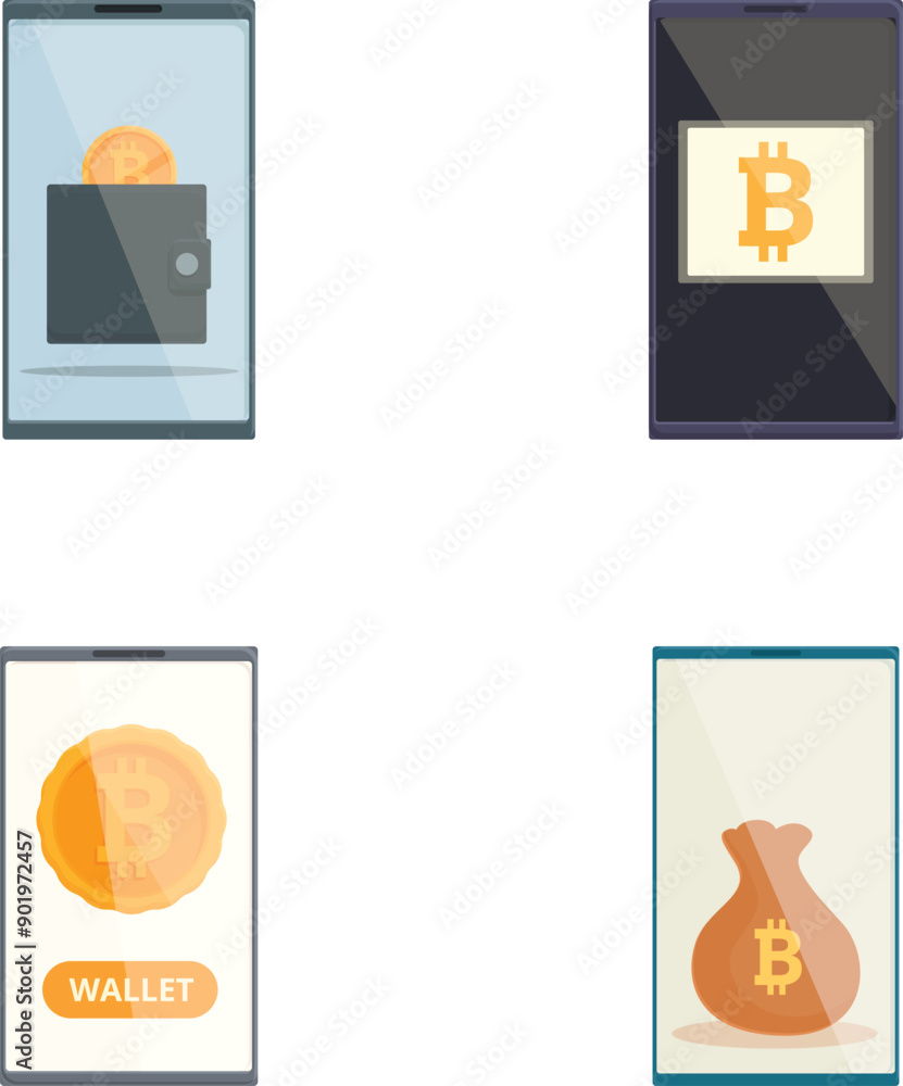 Poster Modern flat design vector cryptocurrency concept icons set for mobile wallet app. Representing digital currency. Bitcoin. Secure transactions