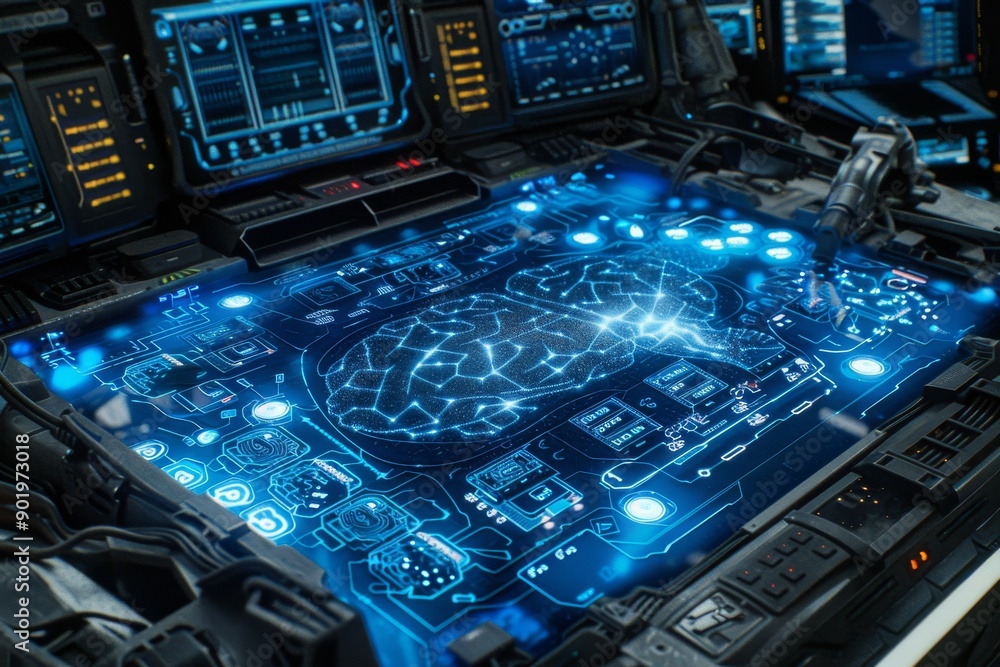 Poster digital brain interface in a high tech environment representing neural connectivity and innovation