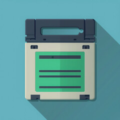 Black 3"5 floppy disk with a blank label on a blue background with long shadow in a flat design style
