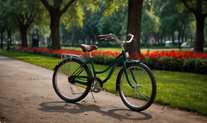 Fototapeta premium A metal-framed bicycle in a sunny park with trees.