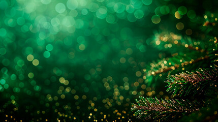 Green holiday background with Christmas tree and shine glitter. New year design