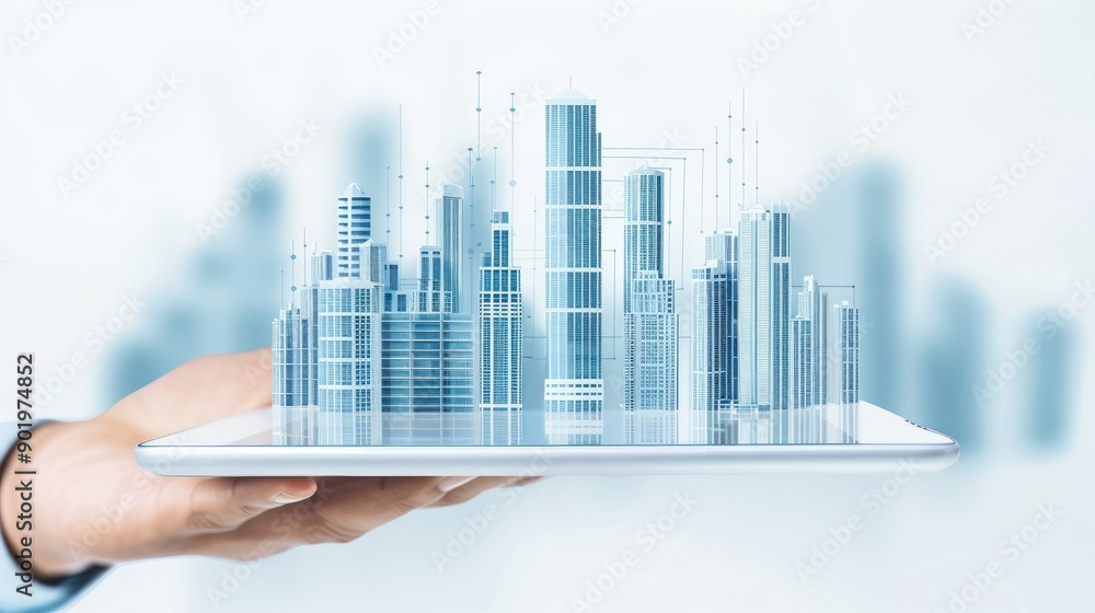 Poster a business professional interacts with a smartphone while surrounded by digital data visualizations 