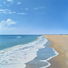 A beautiful day at the beach with stunning scenery, featuring clear blue skies, sparkling water, and pristine sand. Perfect for themes of relaxation, nature, and coastal beauty