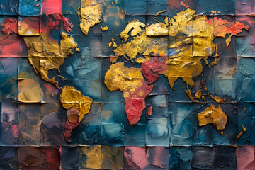 Gilded oil painted world map on square shapes abstract logistics background. Wallpaper colorful cover design.	