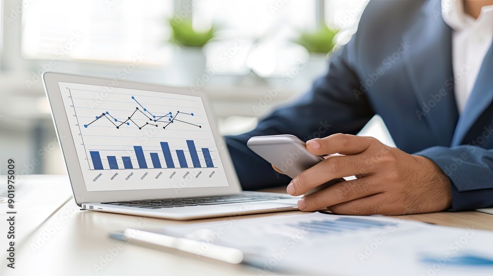 Poster a business professional interacts with a smartphone while surrounded by digital data visualizations 