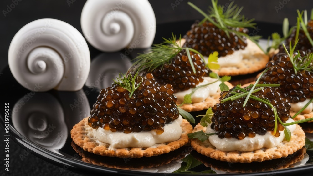 Sticker A plate of crackers with caviar and cream cheese on top, AI