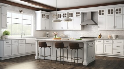 Modern white kitchen interior with island, stools, and pendant lights.