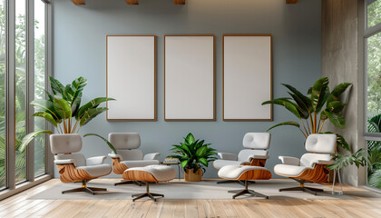 Fototapeta premium Modern meeting lounge with ergonomic furniture with empty frame