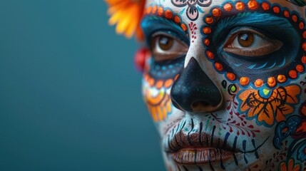 Woman wearing traditional calavera makeup posing on blue background