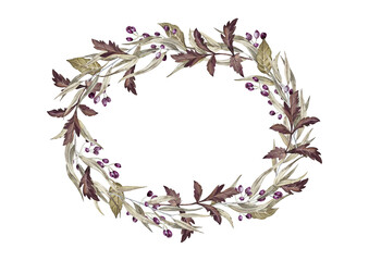 Wreath with autumn leaves, eucalyptus branches and purple elderberries. Hand-painted watercolor