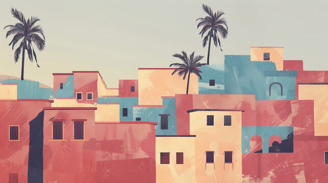 Risograph artistic riso print travel poster, card, wallpaper or banner illustration, modern, isolated, clear, simple of Ghadames, Libya. Artistic, screen printing, stencil