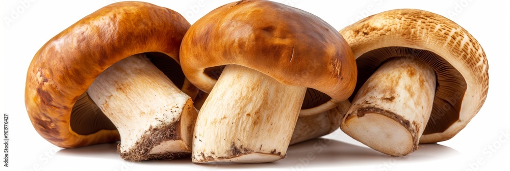 Poster three mushrooms are piled on top of each other. the mushrooms are brown and have a slightly fuzzy ap