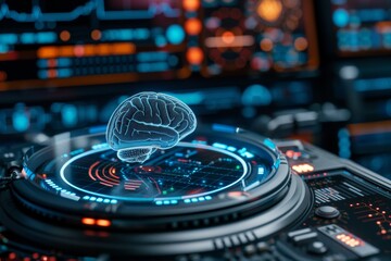 Brain model on a futuristic interface representing neural connectivity and advanced technology