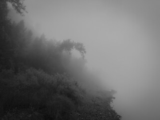 Nebel über dem Fluss am Morgen