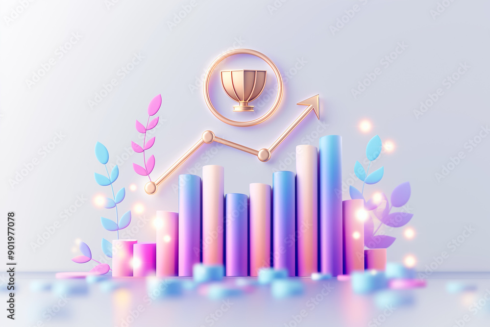 Poster vibrant and colorful bar graph featuring a trend arrow and an elegant trophy icon in a modern design