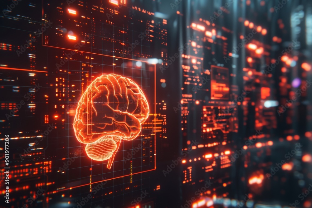 Poster glowing brain in a digital cityscape representing advanced technology and neural networks