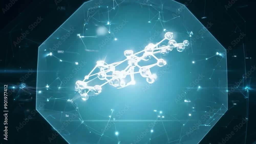Poster a blue octagon screen displays a 3d holographic network structure with white lines connecting white 