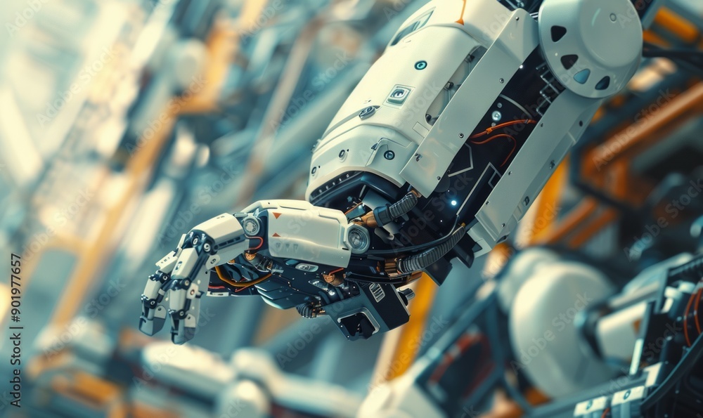 Poster a robot arm assembling a complex piece of machinery, its movements precise and efficient