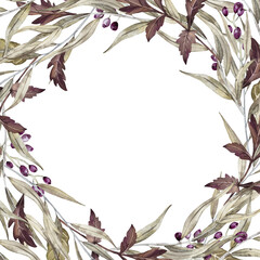 Frame with autumn leaves, eucalyptus branches and purple elderberries. Hand-painted watercolor