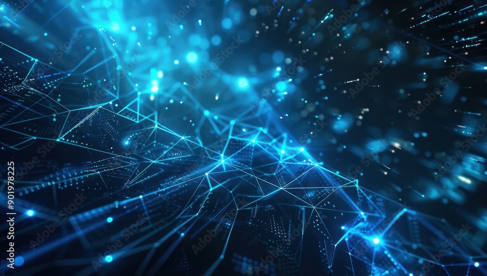 Fototapete abstract blue digital technology background with glowing geometric shapes and lines, representing ad