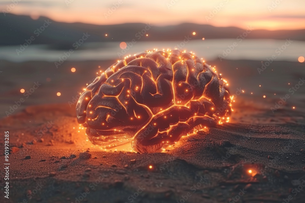 Poster brain with orange circuitry in a natural setting symbolizing a blend of nature and technology