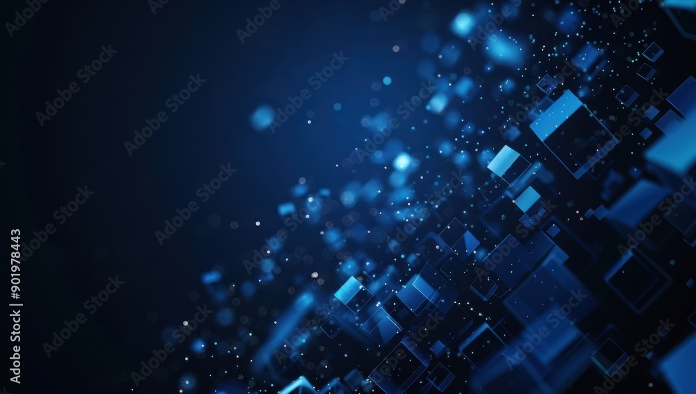 Poster abstract blue technology background with glowing digital elements and squares on dark black backdrop
