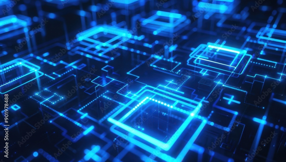 Poster abstract digital technology background with blue glowing squares and lines on a dark background digi