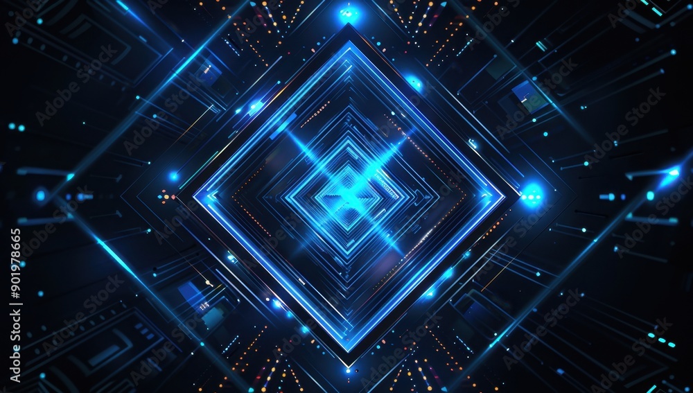 Poster abstract digital background with blue glowing geometric shapes and lines on dark black generative ai
