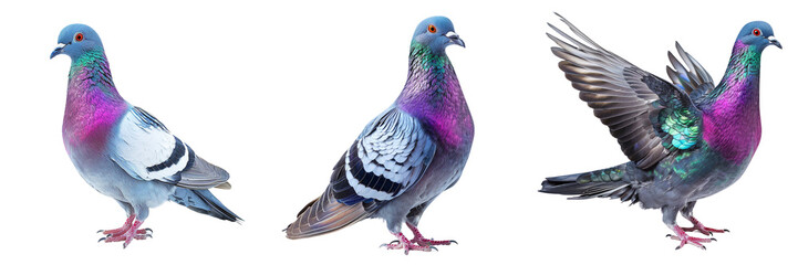 Obraz premium set of A beautifully posed pigeon with iridescent plumage isolated on transparent background (2)