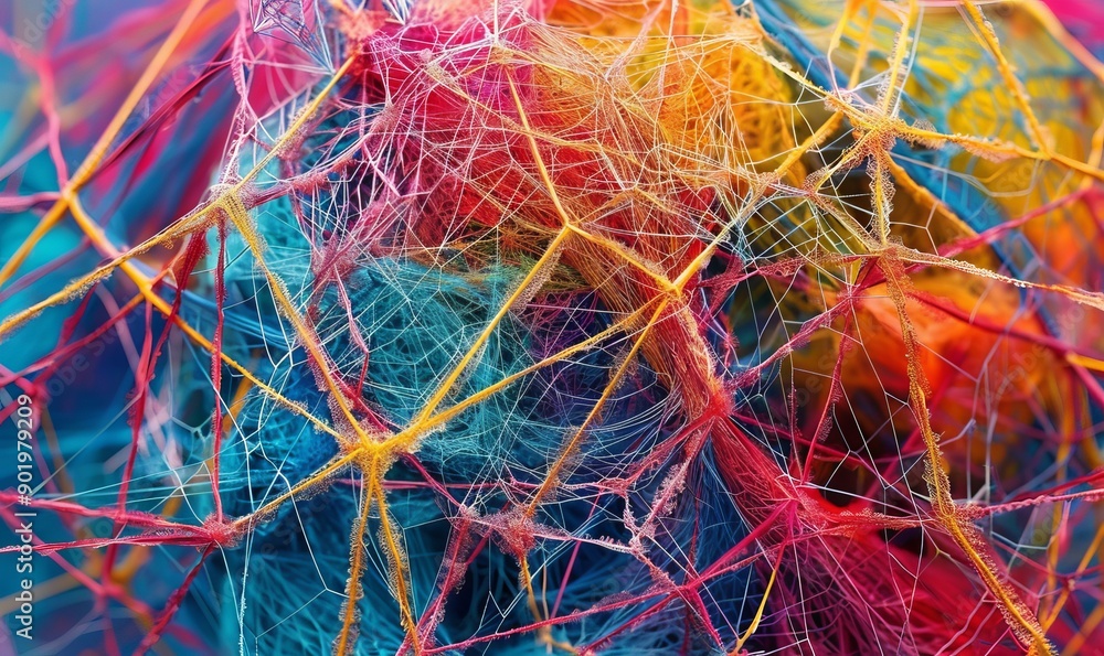 Poster intricate web of multicolored threads forming a mesmerizing geometric design, capturing the beauty o