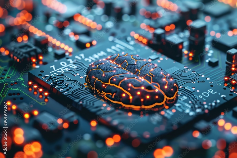 Wall mural Brain with orange circuitry on a microchip symbolizing advanced technology and connectivity