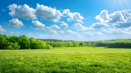 Obraz premium Serene Landscape with Lush Green Meadow and Distant Forest Under Clear Blue Sky
