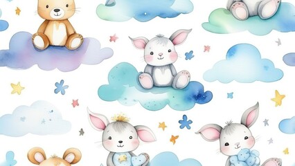 Naklejka premium Seamless pattern with cartoon clouds, magical bunny bear toys and stars. Watercolor children's hand drawn illustration on white background for wallpaper, bed linen
